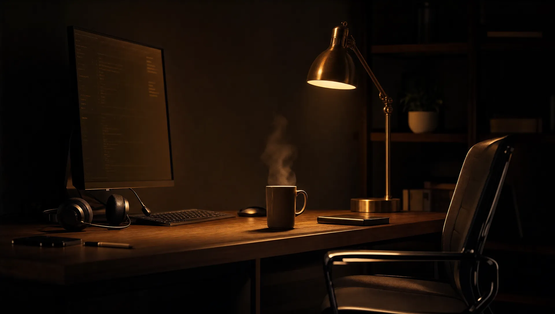 A support desk at night: one warm lamp, a headset resting beside a glowing monitor. Someone is always on.